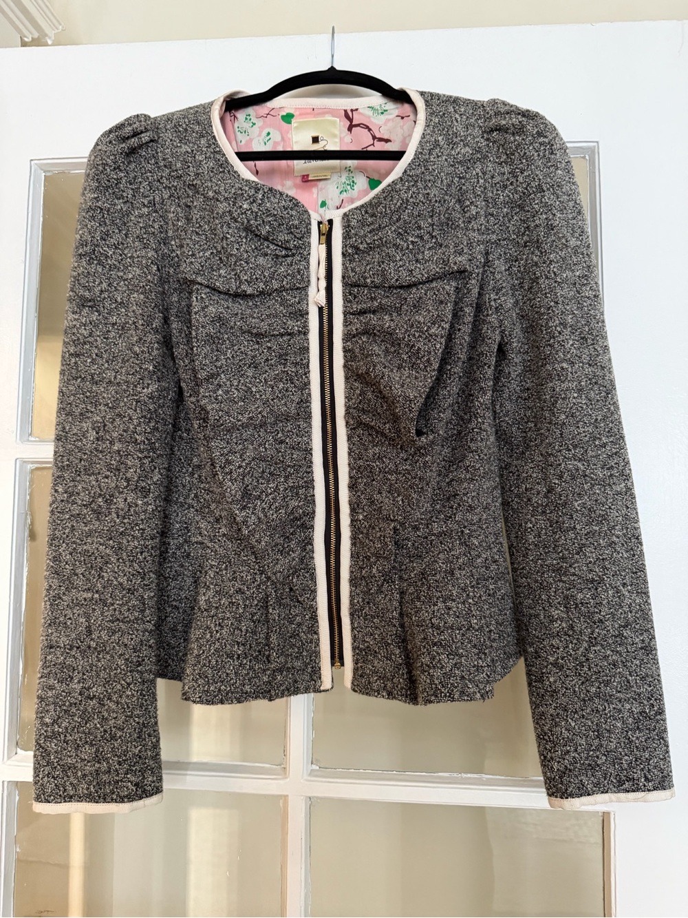 elevenses Heather Gray Textured Zip-Front Blazer with Contrast Trim